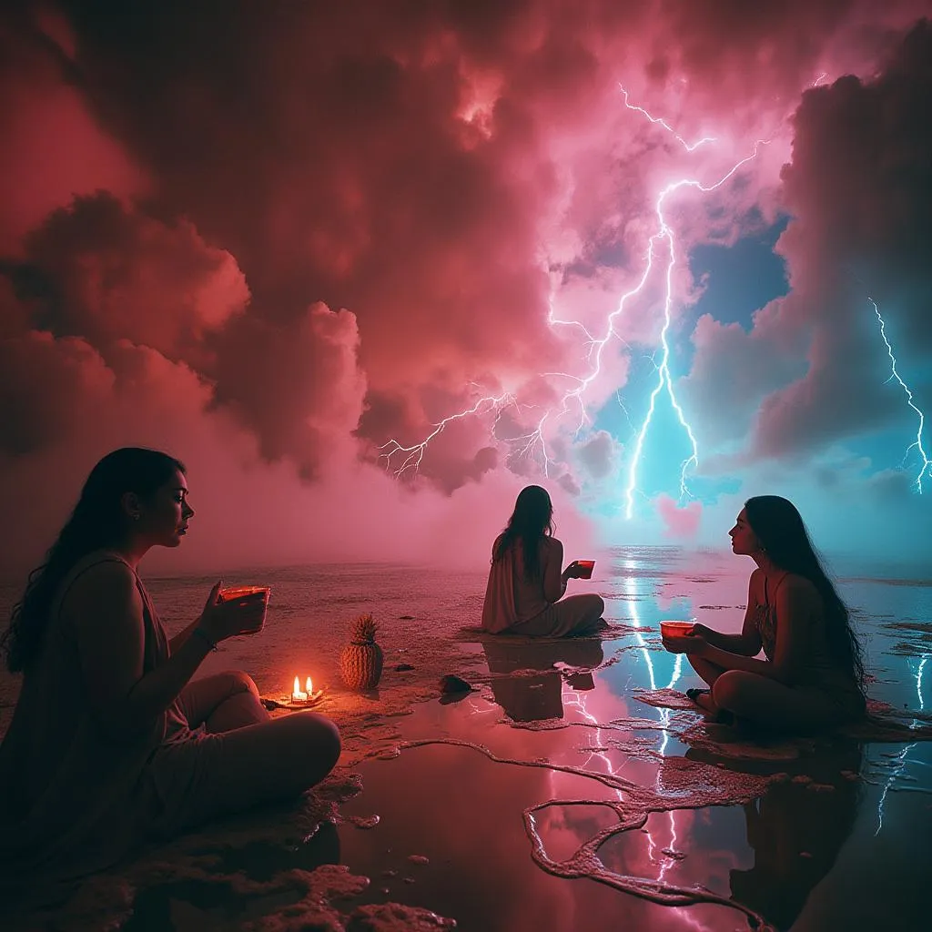 Drei Frauen sitzen am Strand während eines nächtlichen Gewitters mit Blitzen und rosa Wolken am Himmel, mit Kerzen und trinken Kakao bei einer Kakaozeremonie.