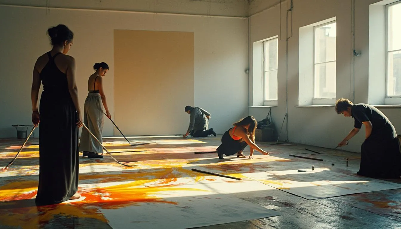 Menschen, die in einem hellen Raum mit großen Fenstern abstrakte Kunstwerke auf dem Boden malen.