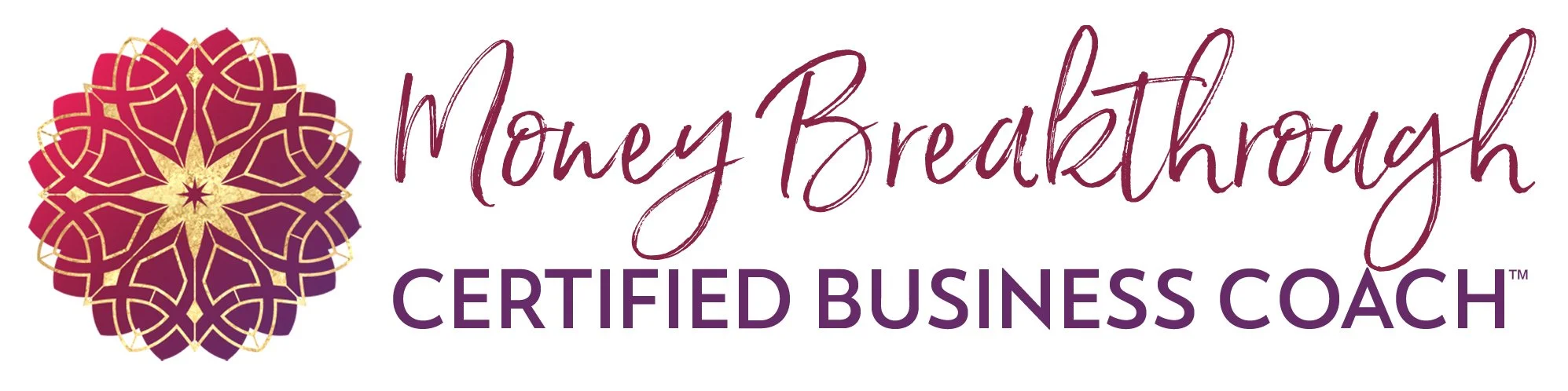 Logo für Money Breakthrough, eine zertifizierte Business-Coach-Marke. Ein rotes und goldenes geometrisches Mandala-Design mit dem Text "Money Breakthrough" in handschriftart und "CERTIFIED BUSINESS COACH" in Druckbuchstaben.
