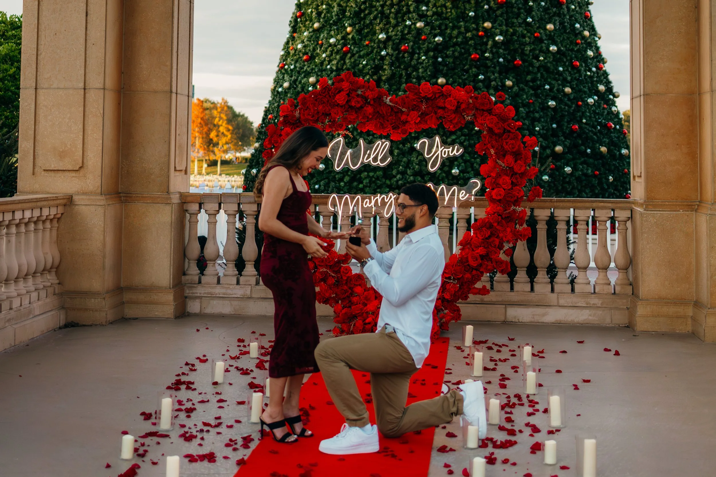 red rose backdrop with a couple proposing.