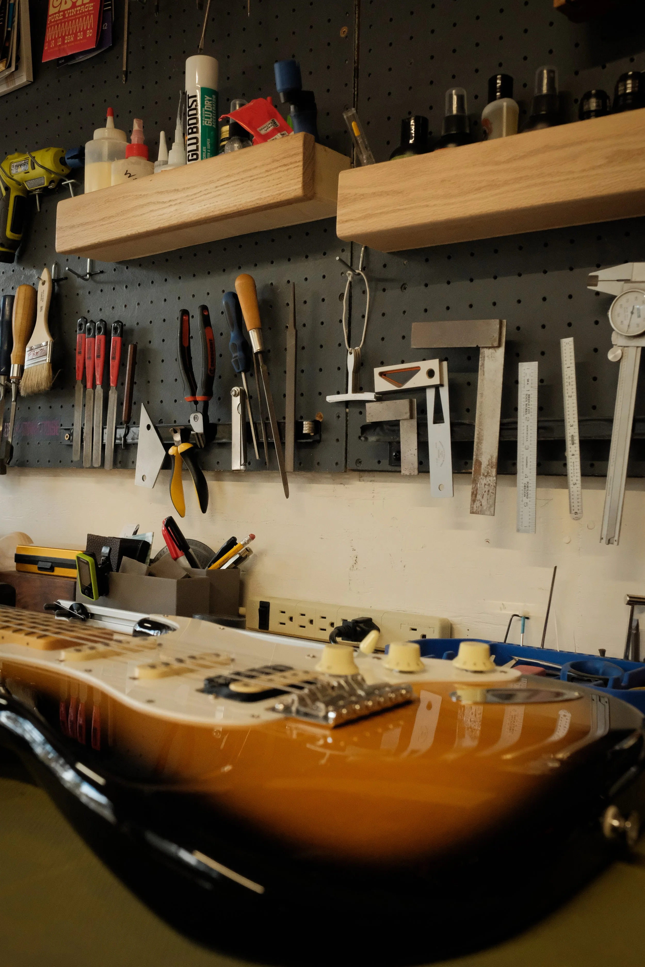 Guitar setup workbench at Katsaros Guitars in Aptos CA