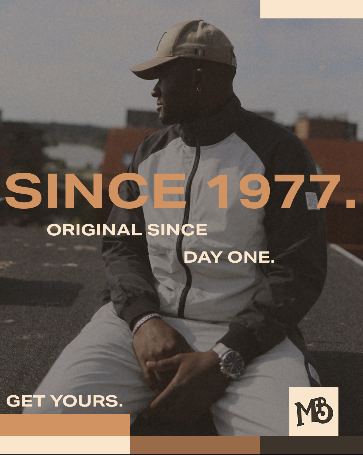 Moss Brown & Co. heritage promo graphic featuring a man sitting outdoors in the two-tone RipRap 10-Miler and tan cap, with text reading "Since 1977. Original since day one."