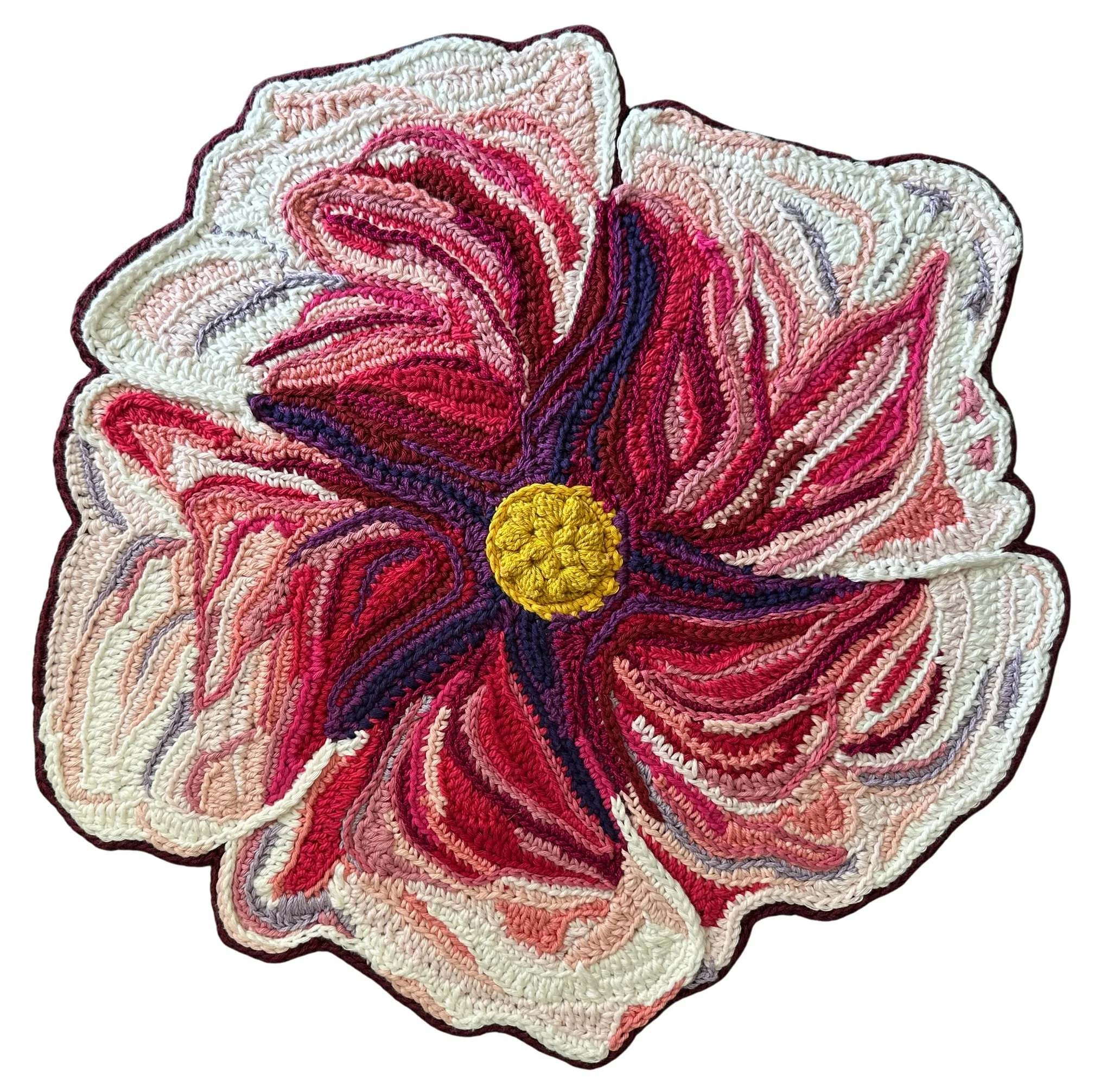 Hibiscus, 2025.. Cotton on wool felt backing, crochet. 50x50cm. (Private Collection)