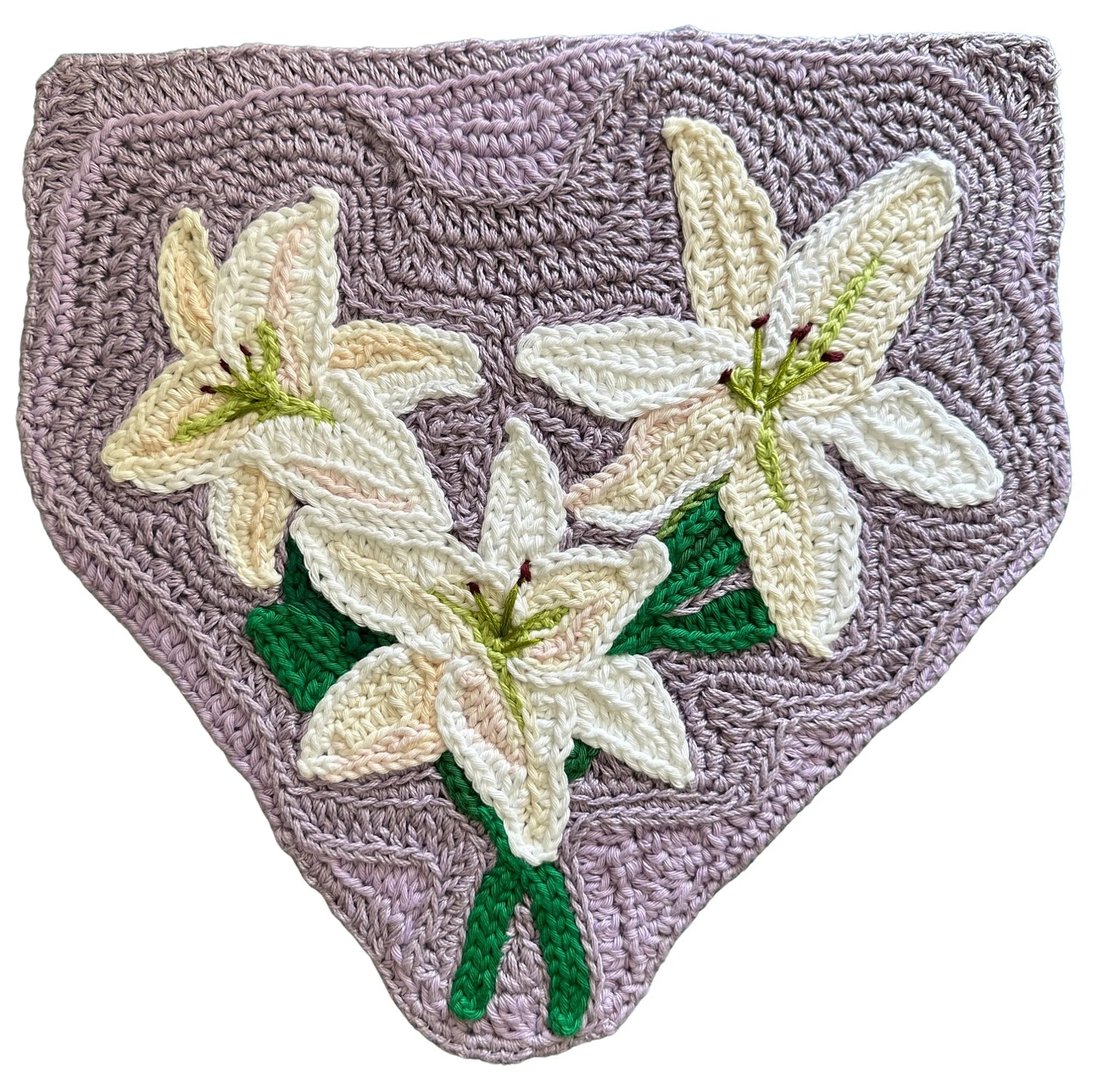 Three Lilies, 2026. Cotton on wool felt backing, crochet. 34x34cm. (Available)