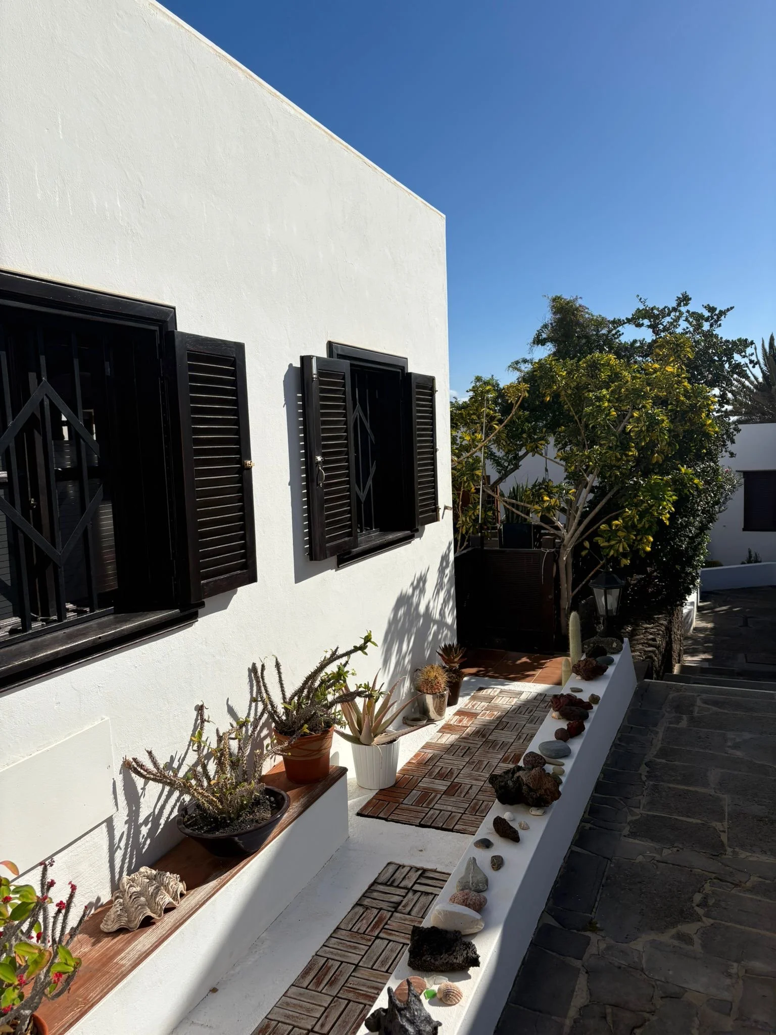 White stucco house with black shutters and potted plants