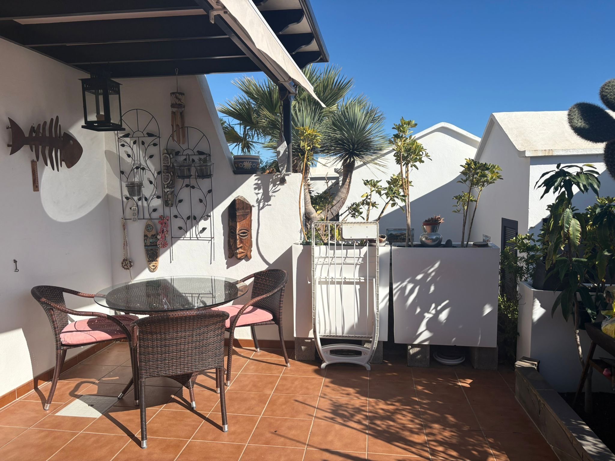 Outdoor patio with wicker furniture, African masks, and decorative fish wall art. Potted plants and a drying rack are present, with a blue sky backdrop.