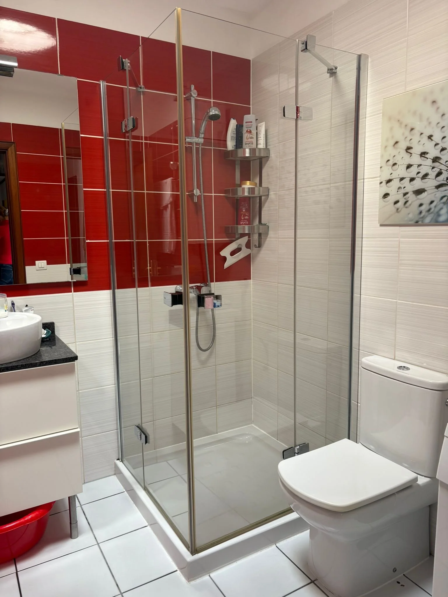 Modern bathroom with glass shower enclosure, red tiles, white toilet, and sink on a black countertop. A red bucket is on the floor.