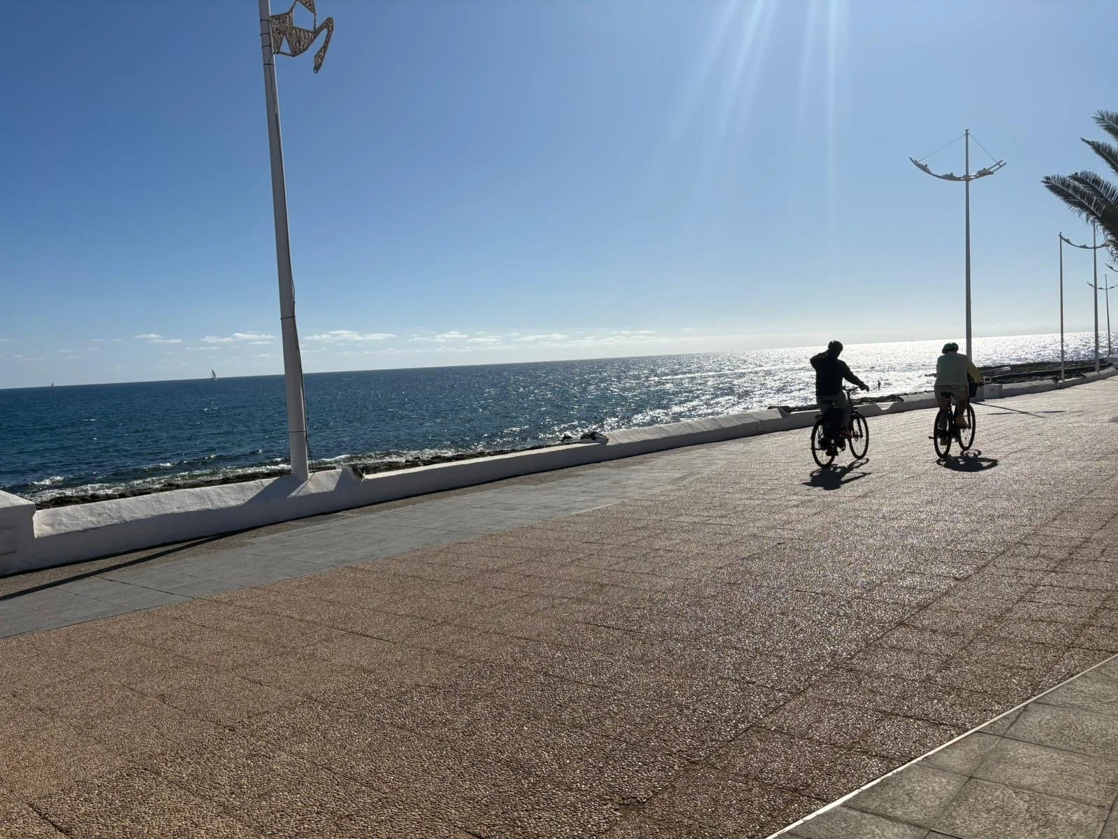 Two people cycling along a seaside promenade with ocean view under clear blue sky.