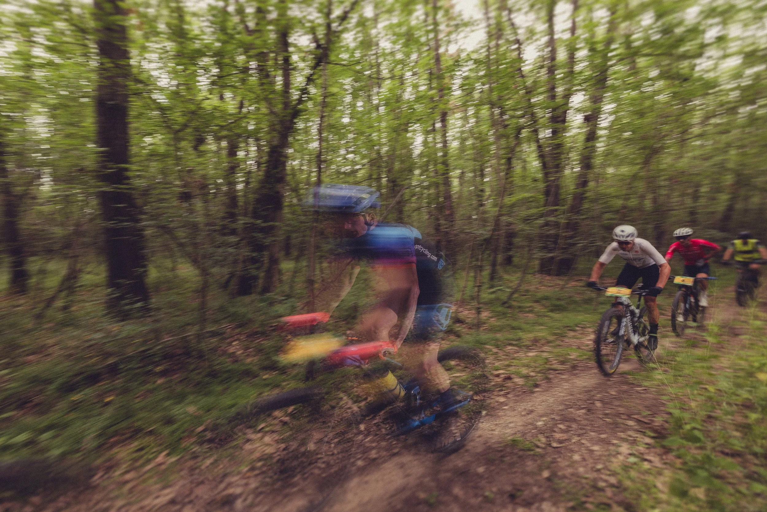 Group of four mountain bikers riding through a forest trail, with motion blur indicating fast movement, surrounded by green foliage and tall trees.