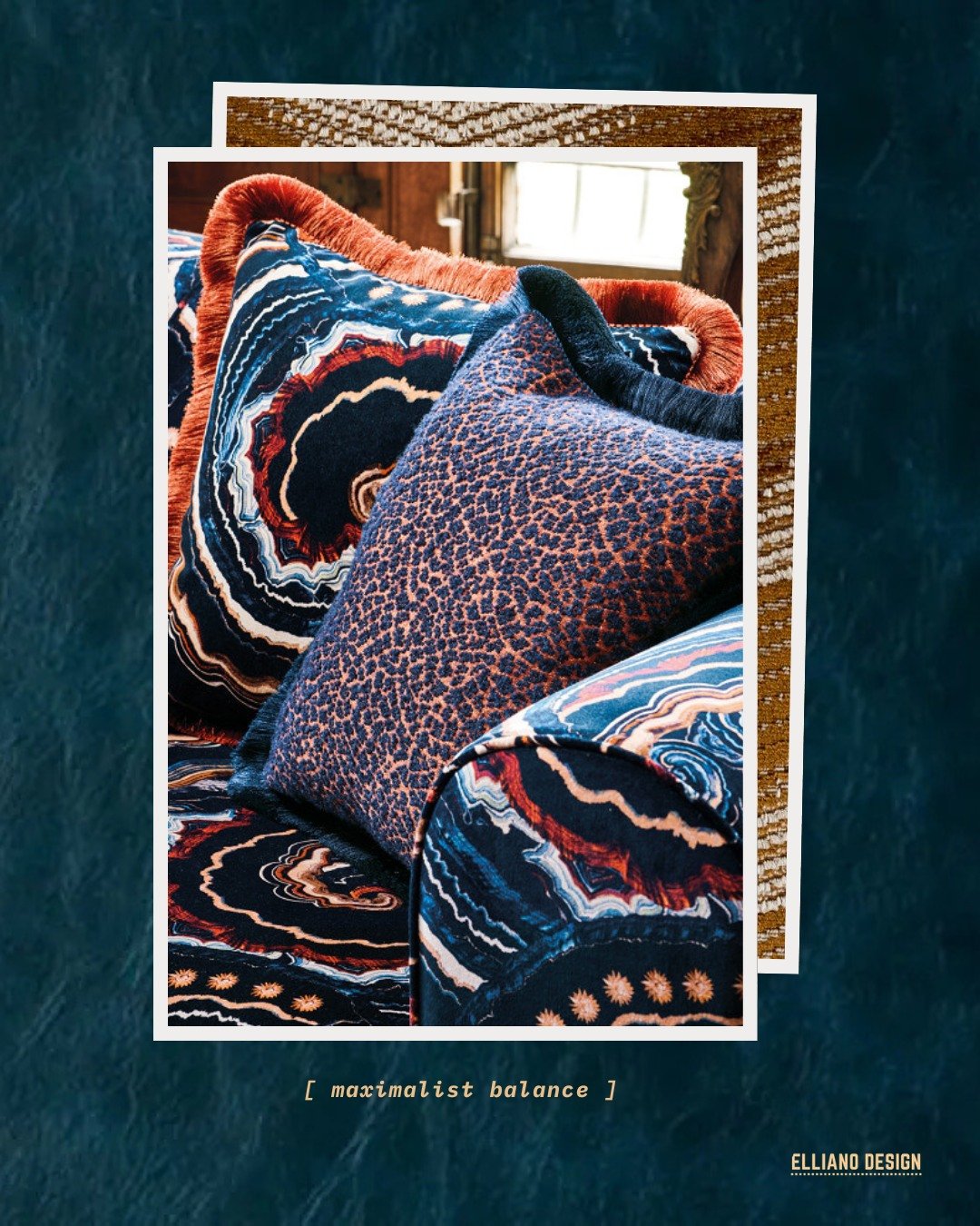 People often think maximalism means &ldquo;more.&rdquo;
For me, it means intention.

The agate indigo velvet framed in rust fringe is not trying to overwhelm the space &mdash; it's creating rhythm.

The deep blues bring movement.
The amber tones grou