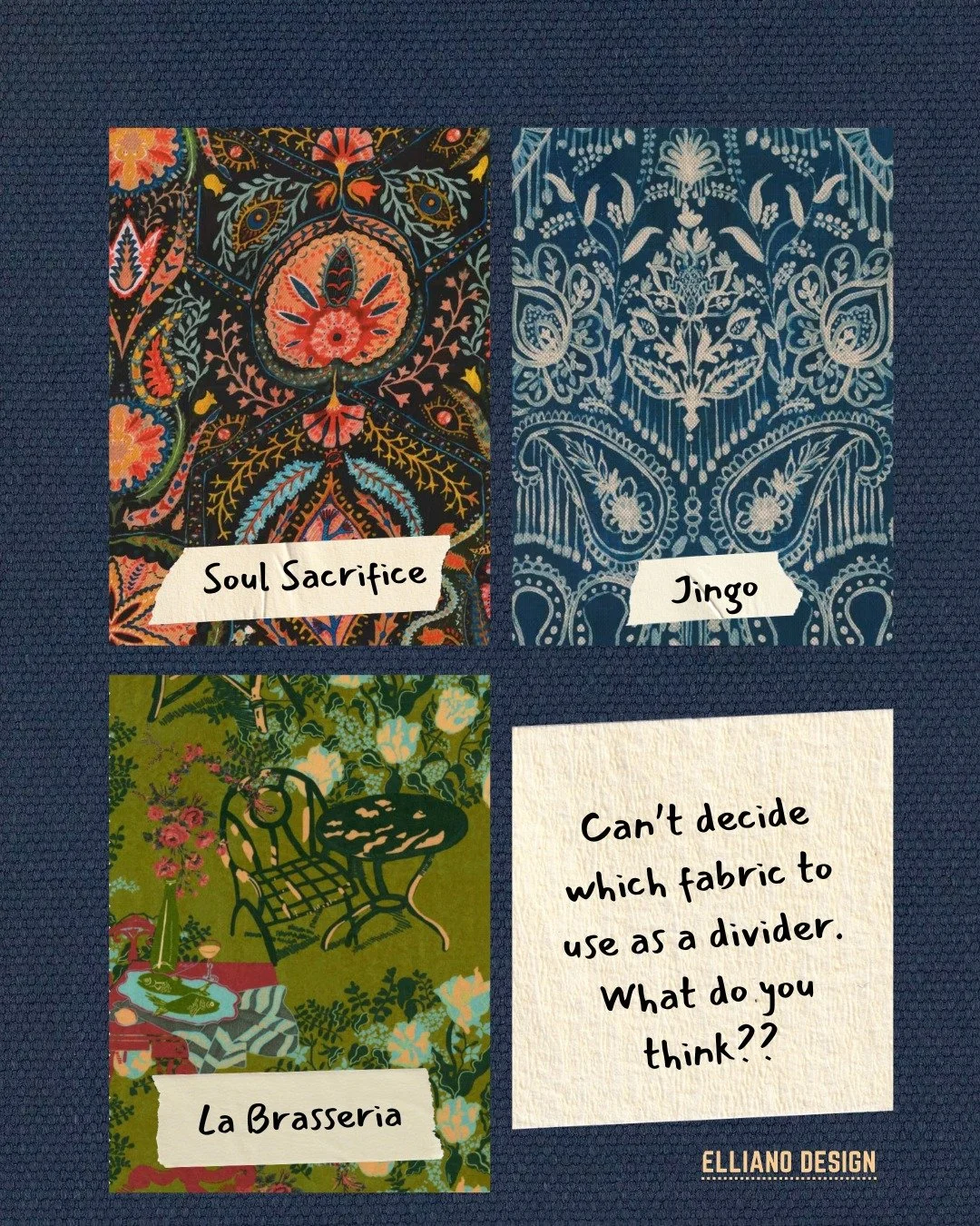 I'm selecting a fabric to use as a divider &mdash; something that defines space while still feeling layered and expressive.

Here are the contenders:

Jingo &mdash; an expressive pattern in deep indigo.
Soul Sacrifice &mdash; bold, intricate, with a 