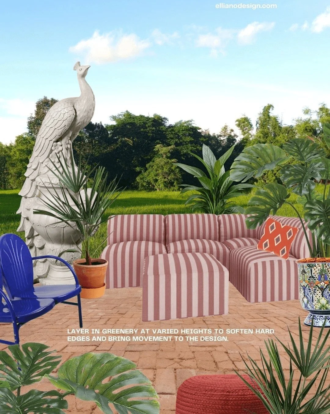 When planning an outdoor space, start with how you want it to feel. Intimate and lounge-forward? Vibrant and entertaining-ready? 

Create defined zones: a dining area anchored by a bold outdoor rug, a conversational seating cluster layered with patte