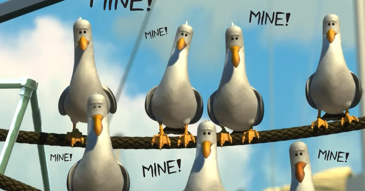 Animated seagulls from Finding Nemo all shouting "Mine!". A humorous metaphor for the trade discount debate every interior designer knows too well.