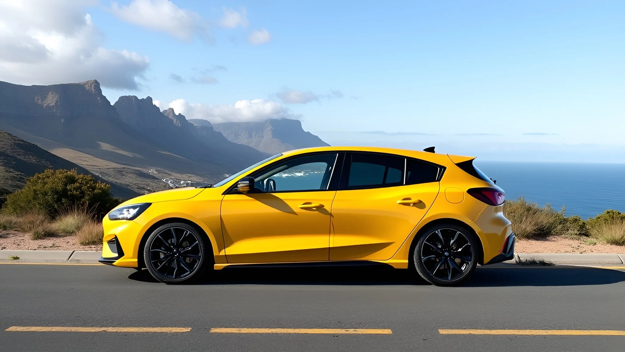 A yellow hatchback car parked on the side of a road with mountains and ocean in the background.