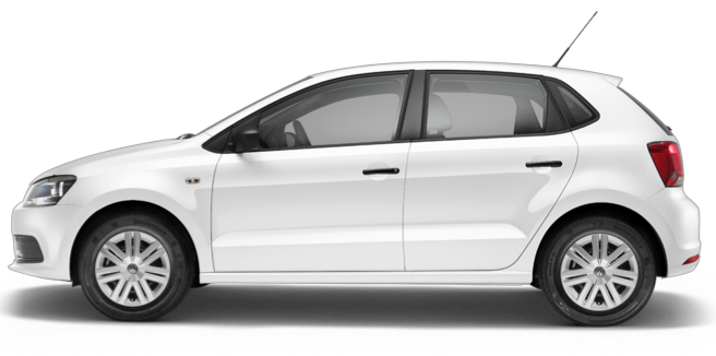 White hatchback car viewed from the side against a black background.