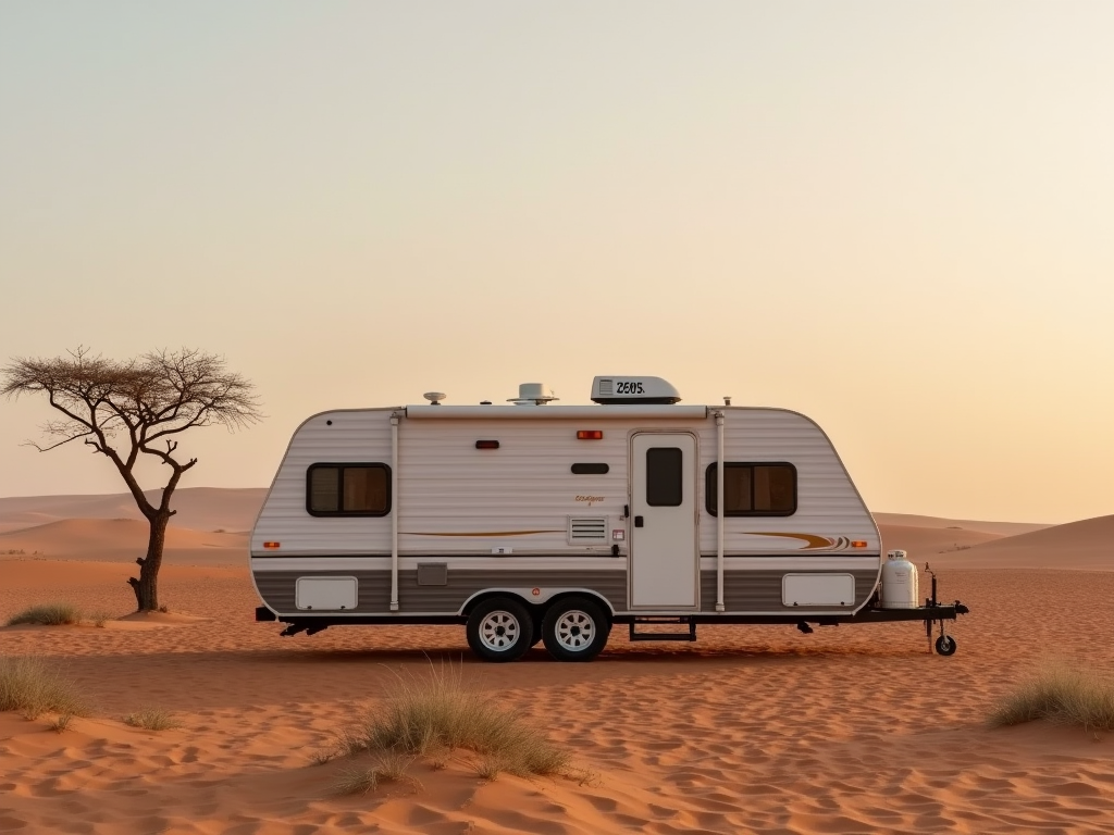 A travel trailer parked alone in a desert landscape with sand dunes, a leafless tree, and a clear sky at sunset.
