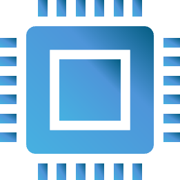 A stylized digital illustration of a microchip or integrated circuit with a central square and connecting lines on a black background.