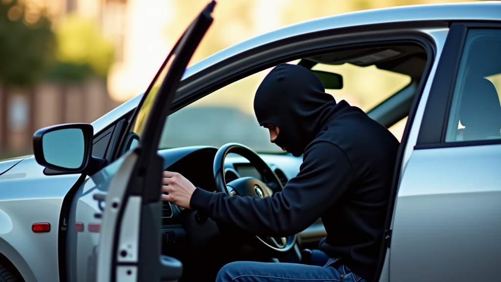A person wearing a black hoodie and mask sits in the driver's seat of a white car with the door open, looking down at the car's dashboard.