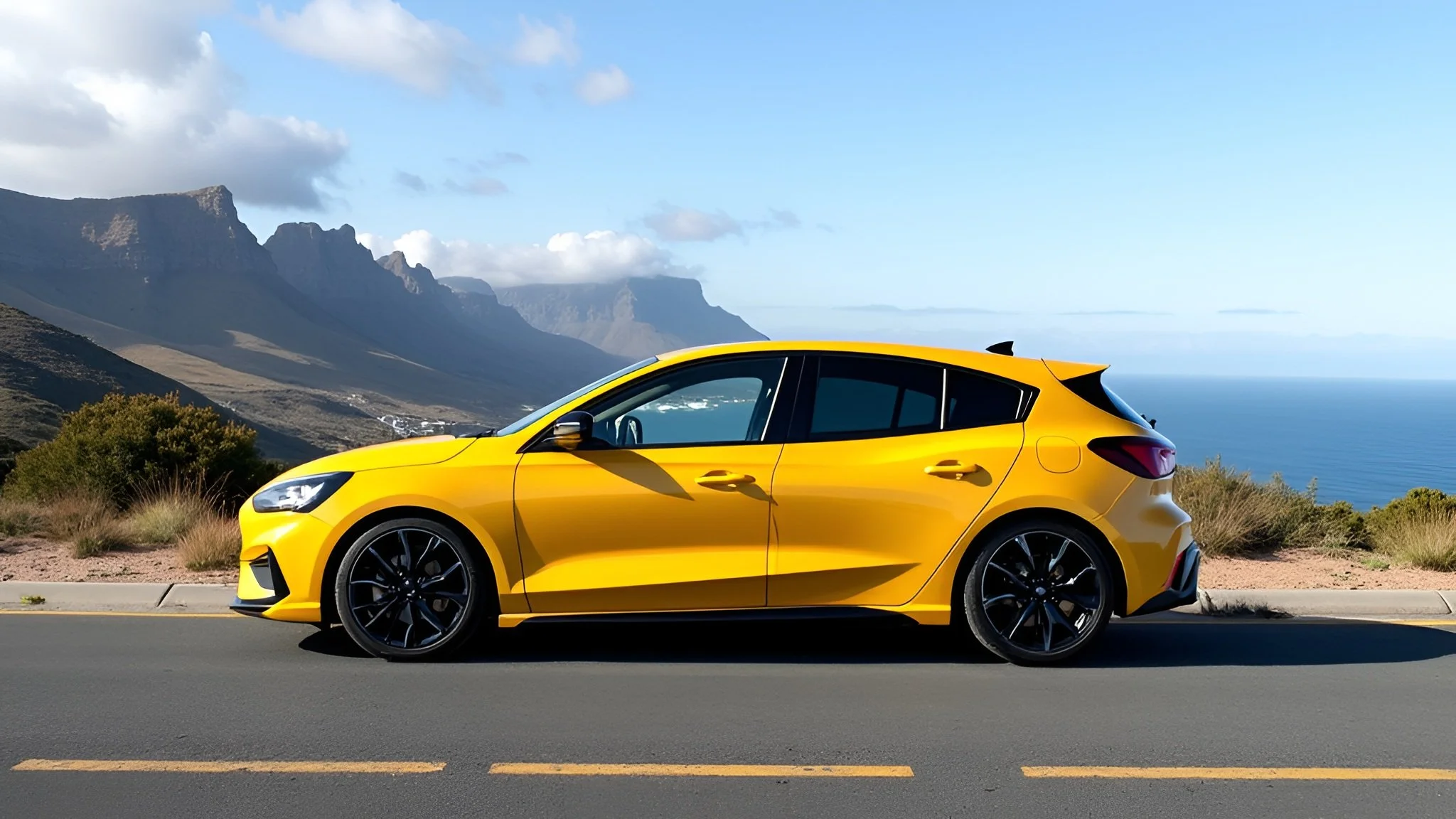 Yellow compact car parked on a road with mountains and ocean in the background.