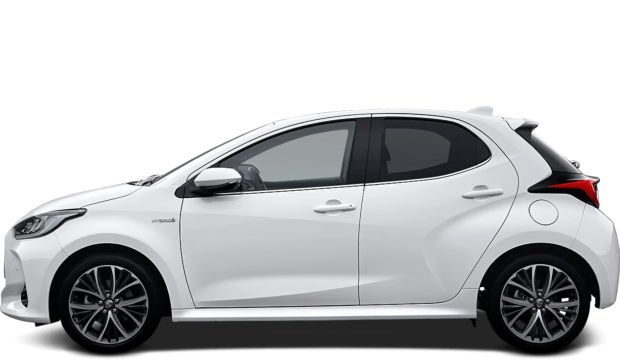 A white, modern hatchback car with tinted windows and alloy wheels, photographed against a black background.