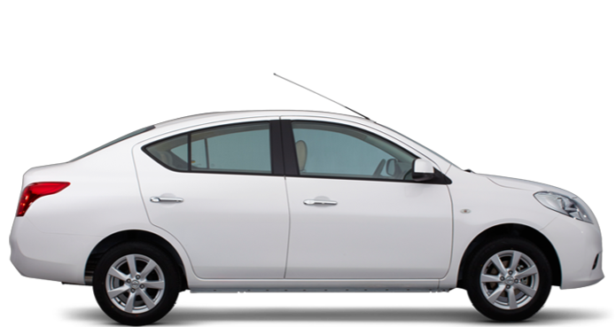 A white sedan car with four doors set against a black background.