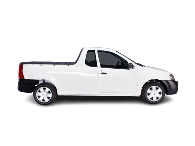 A white compact pickup truck viewed from the side.