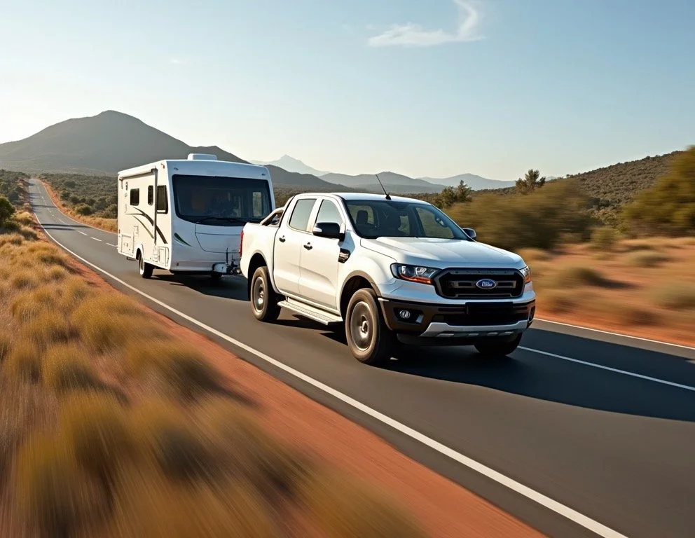 A white Ford pickup truck towing a white travel trailer on a scenic desert highway with mountains in the background.