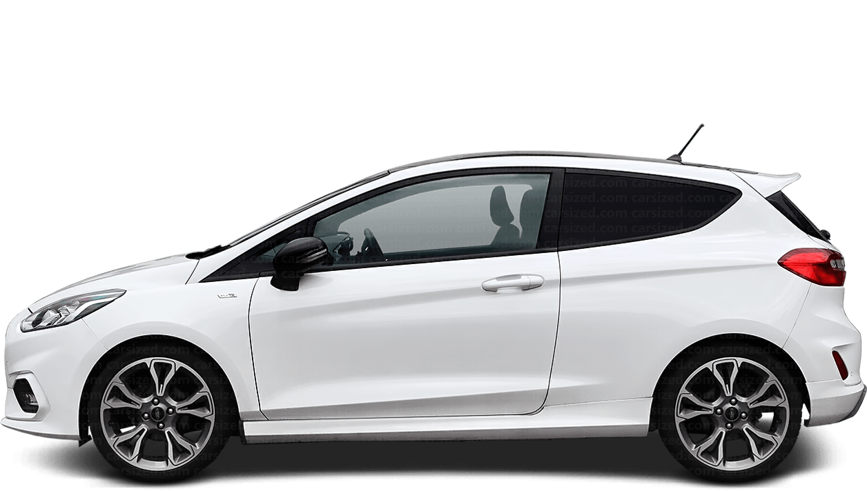 A white hatchback car with tinted windows and black side mirrors, isolated on a black background.
