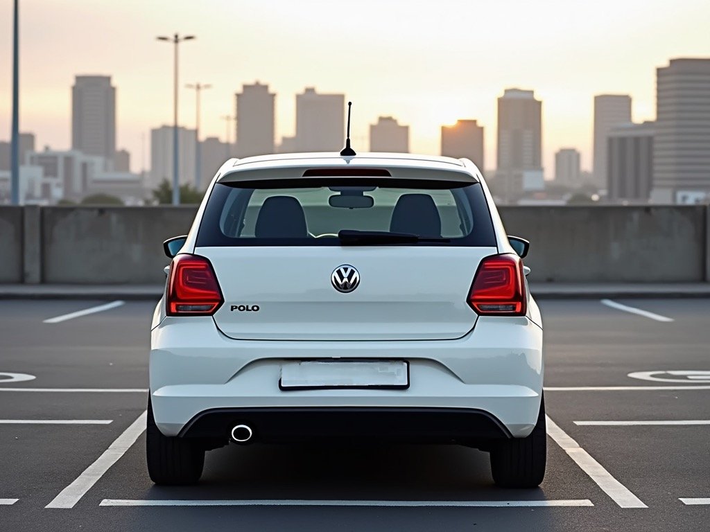 A white Volkswagen Polo car parked in a rooftop parking lot with a city skyline in the background during sunset.