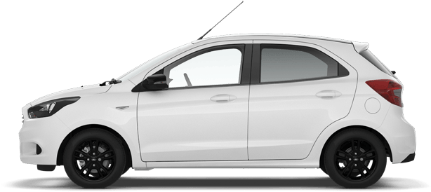Side view of a white compact hatchback car with black wheels.