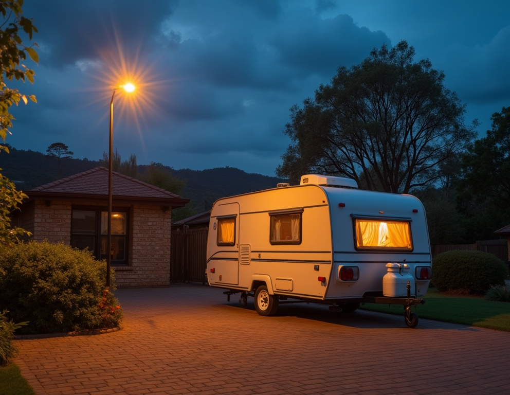 A parked RV trailer with illuminated windows in the evening on a driveway beside a brick house, under a dark cloudy sky with a streetlamp casting light.
