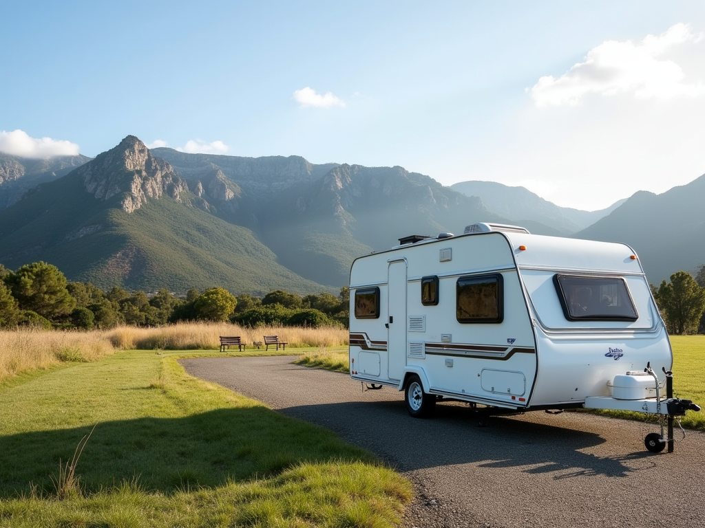 A white travel trailer parked on a paved road in a grassy field with mountains in the background under a clear blue sky.