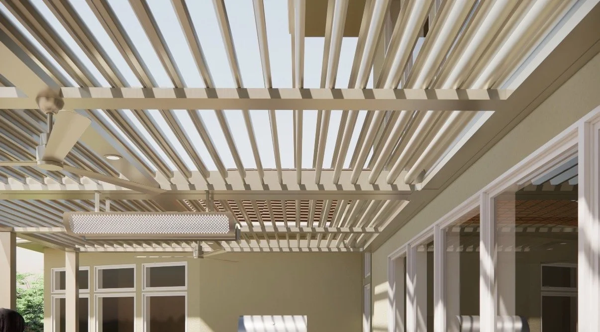 Close-up rendering of open aluminum louvers on a motorized pergola with a ceiling fan and heater