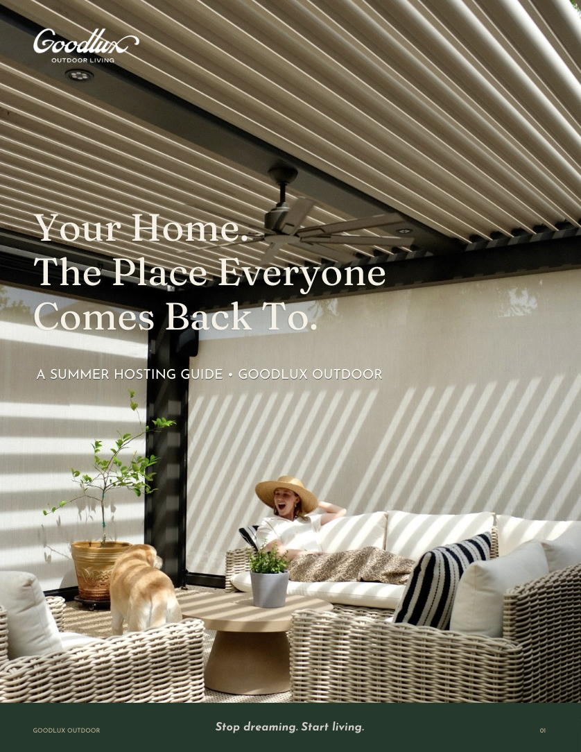 Goodlux Outdoor Summer Hosting Guide cover — woman relaxing under a StruXure motorized pergola with striped louvered shade, wicker seating, and dog, DFW