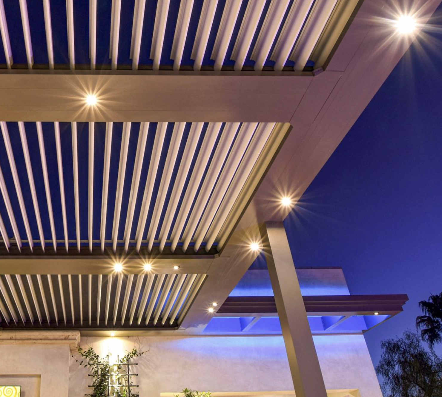 struXure pergola with can lighting & strip ambient gutter lighting