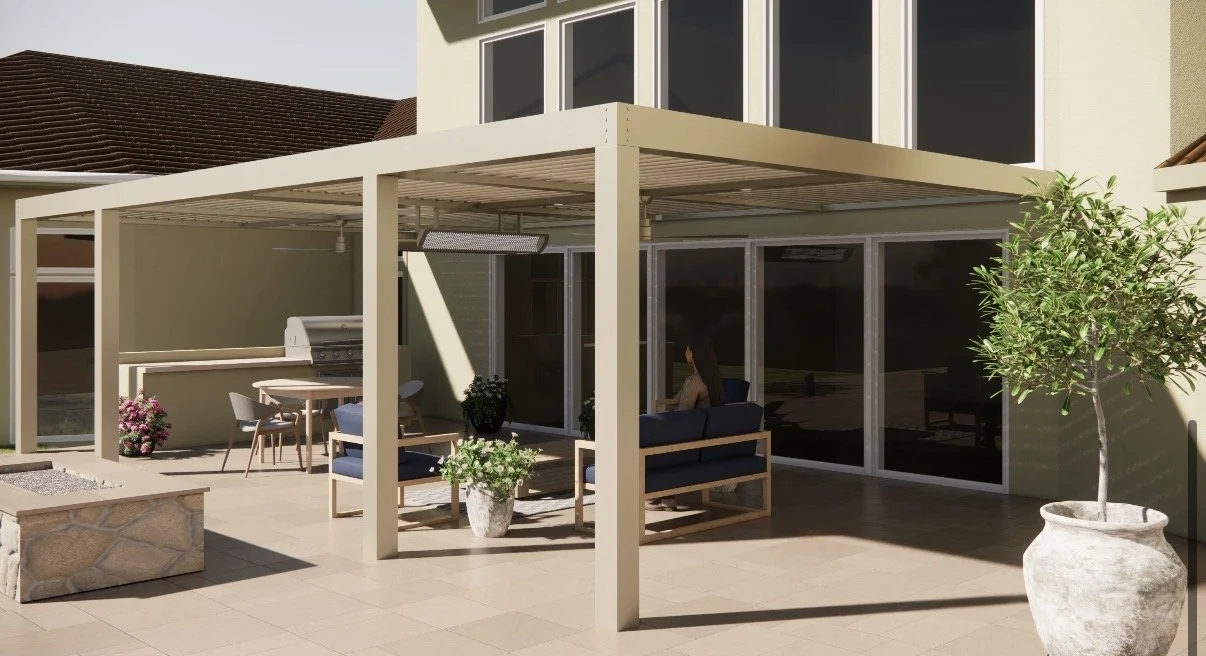 3D rendering of a motorized pergola over an outdoor kitchen and lounge area attached to a home