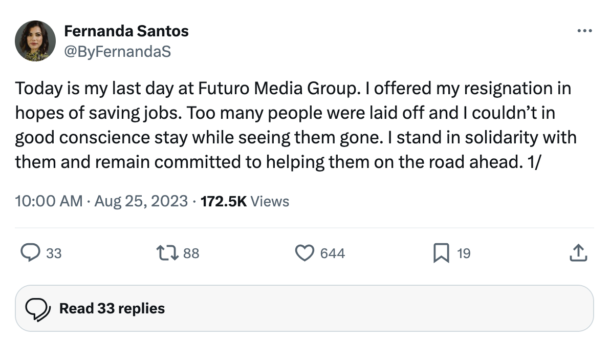 Social media screenshot of Fernanda Santos announcing her last day