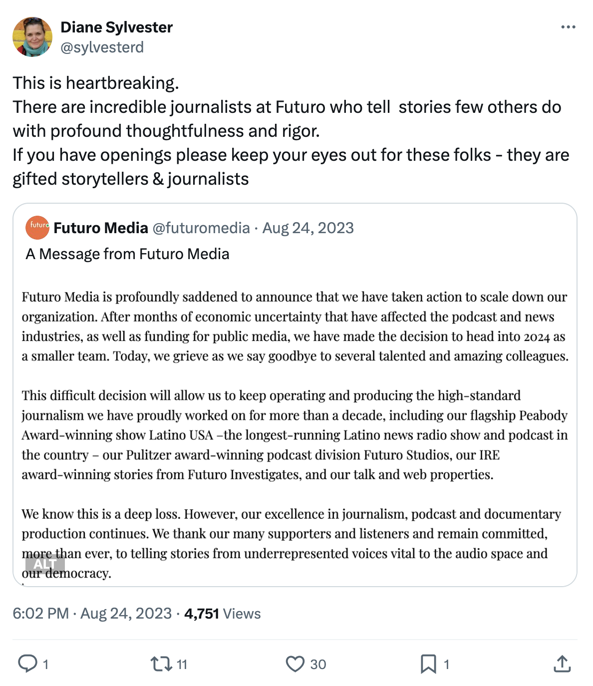 Social media screenshot of Diane Sylvester expressing loss at Futuro Media's layoffs