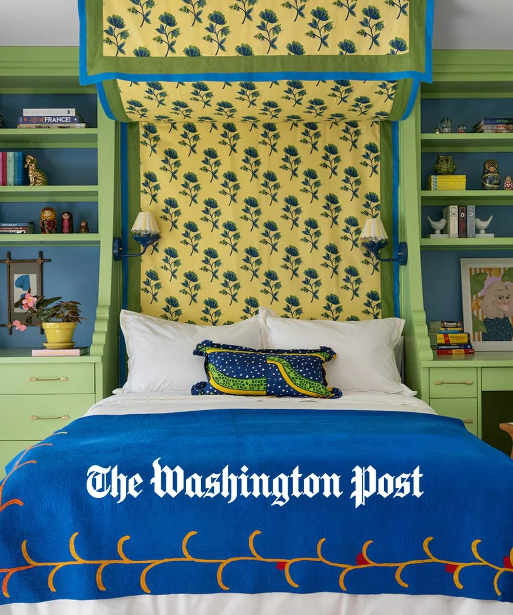 The Washington Post August 2024 feature on bold paint colors, featuring a bedroom by Ramsay Nye Interior Design with green built-ins, a floral canopy bed, and colorful textiles.