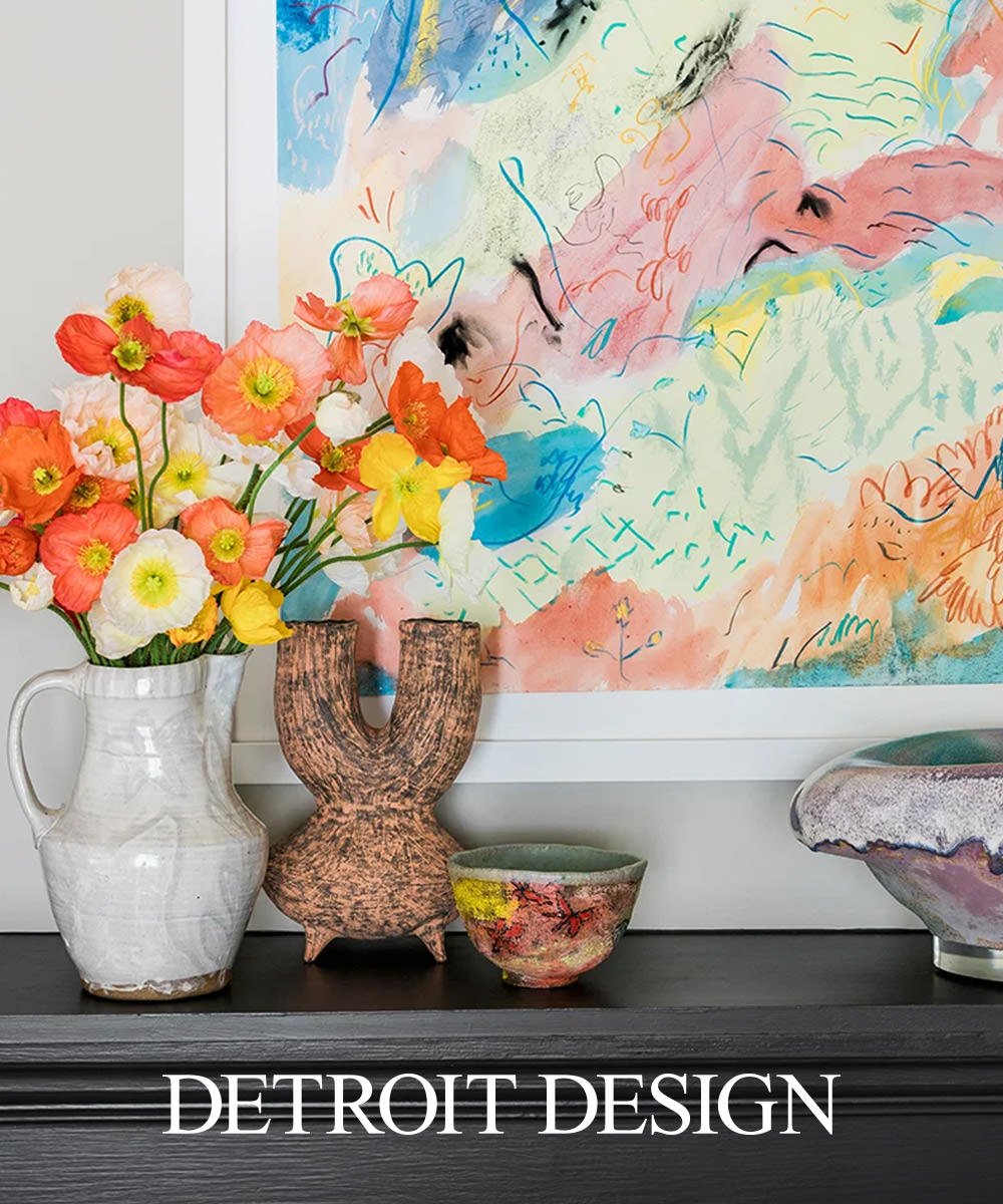 Detroit Design feature on whimsical art and accessories, featuring a colorful vignette styled by Ramsay Nye Interior Design with original artwork, ceramics, and fresh flowers.