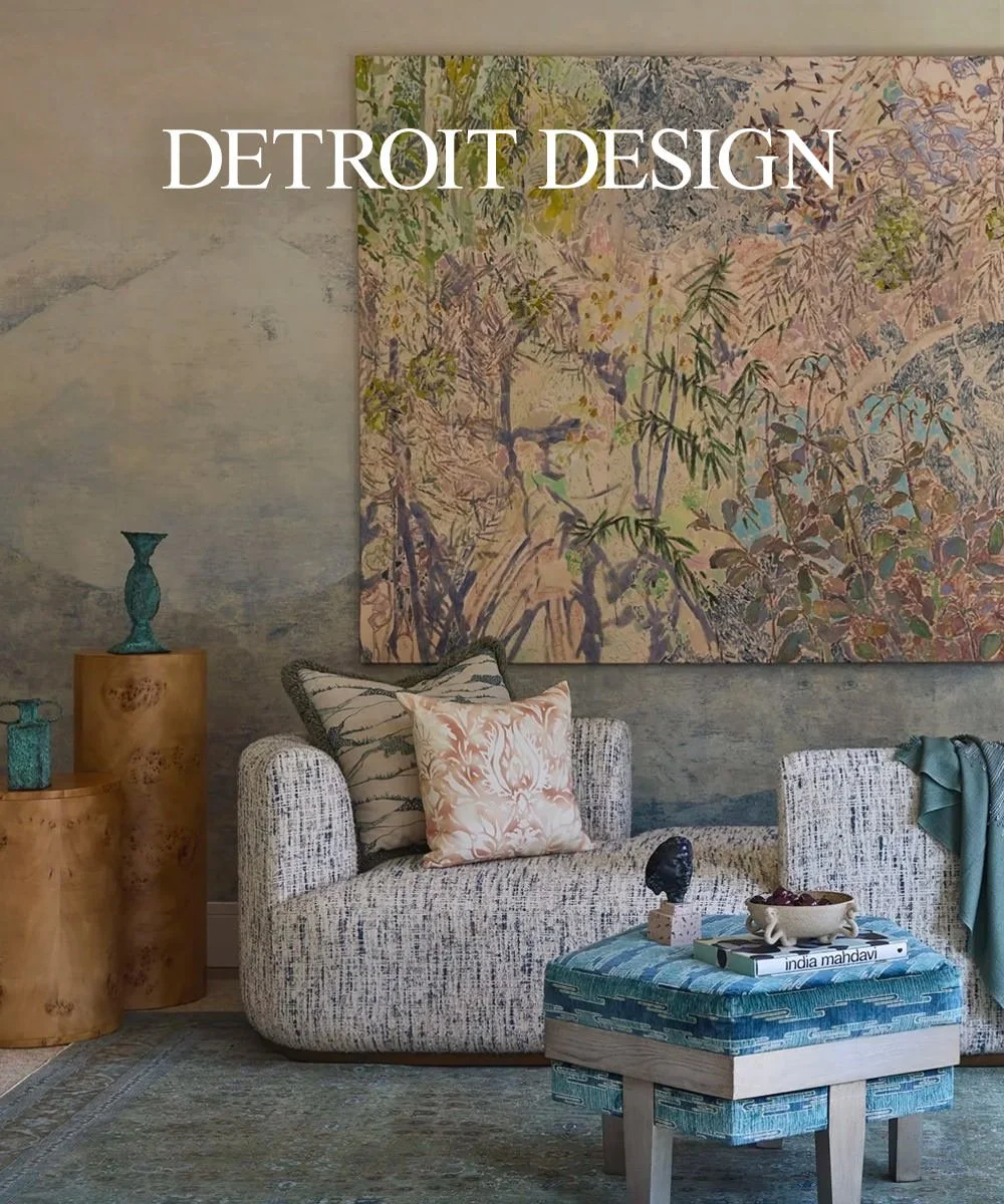 Detroit Design feature showcasing a living room designed by Ramsay Nye Interior Design, with large abstract artwork and textured upholstery in soft blue and blush tones.