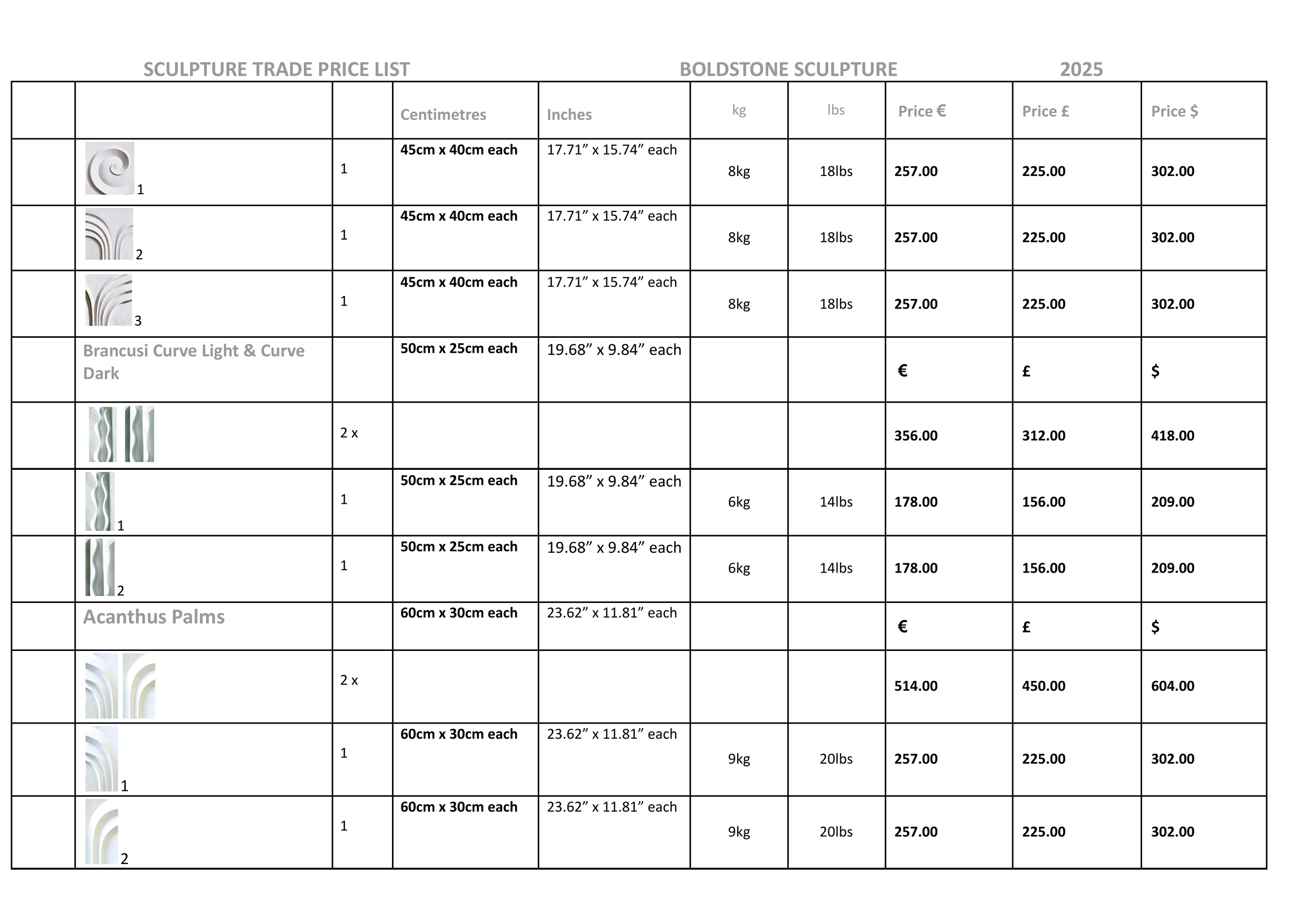 Sculpture trade price list table with details about sculpture sizes, weights, and prices in multiple currencies.