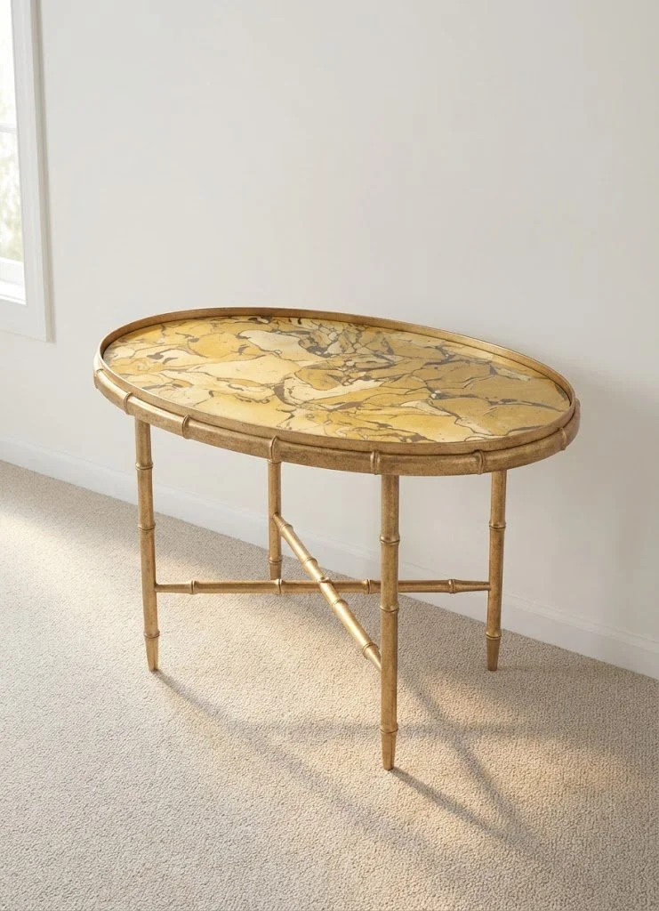 Crusted Marbled Side Table standing in a room corner, its oval ochre marbled top on splayed brass legs
