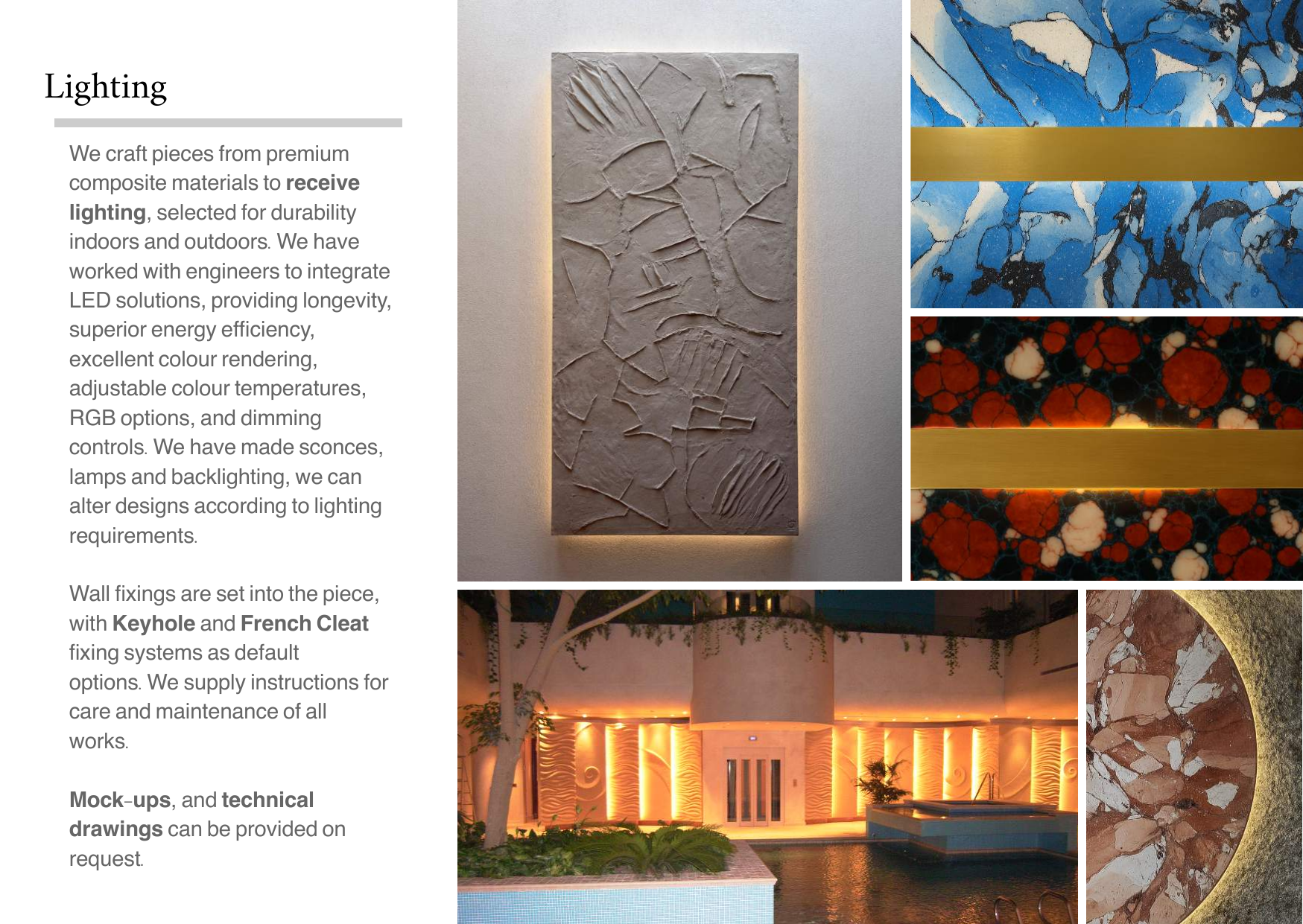 A lighting advertisement showing wall-mounted LED lighting designs, textured wall art, colorful marble surfaces, a building with illuminated lighting, and marble close-up details.