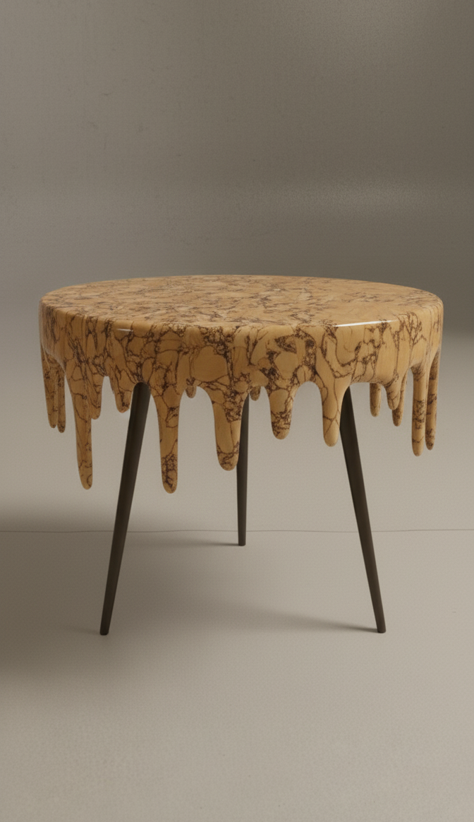 Drip Effect Side Table, a round speckled stone top with a dripping edge on slim black legs