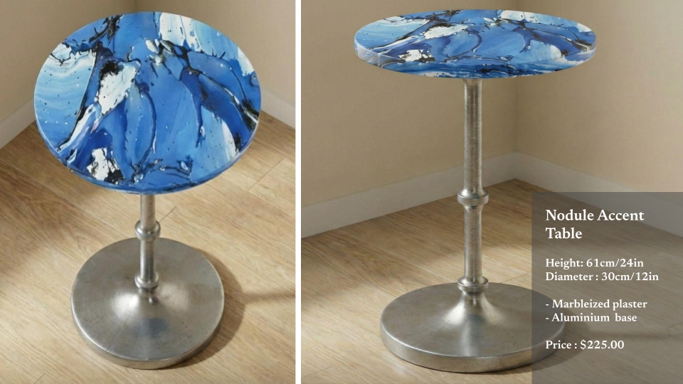 A modern side table with a round marbleized blue and white top, a silver aluminum base, and a description overlay indicating it is a Nodule Accent Table, 61 cm high, 30 cm in diameter, made of marbleized plaster and aluminum, priced at $225.