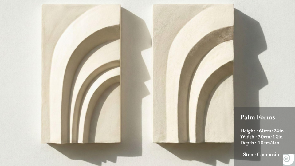 Two white, 3D wall sculptures titled 'Palm Forms' featuring layered, curved arches resembling a stylized palm leaf pattern, with shadows cast on a white wall.