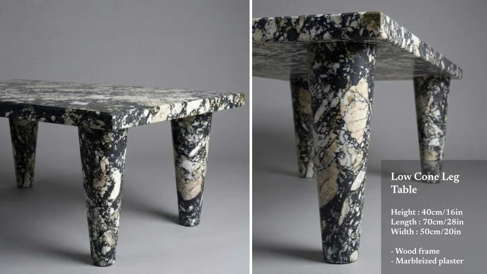 A low cone-legged table with a wood frame and marbleized plaster surface, shown from two angles against a gray background.
