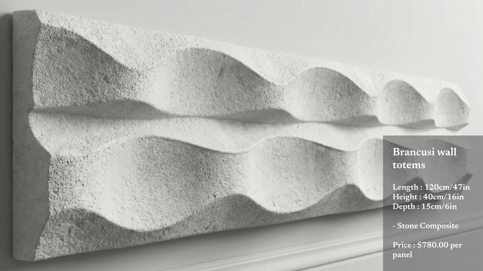 A decorative stone wall panel with wave-like textures, white in color, labeled as 'Brancusi wall totems'.