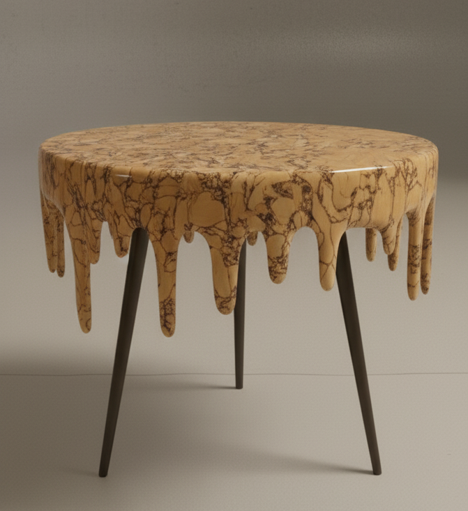 A wooden table with a wax-like drip design around the edge, three dark angled legs, and a smooth round top.
